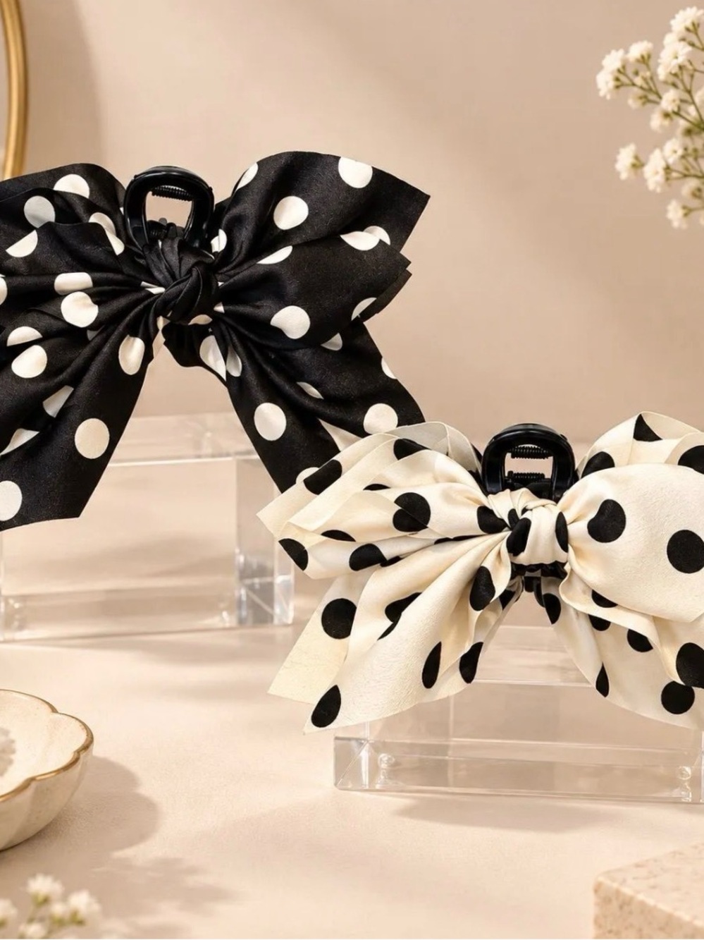 Large Polka Dot Bow Hair Claw Clip - Black or Cream